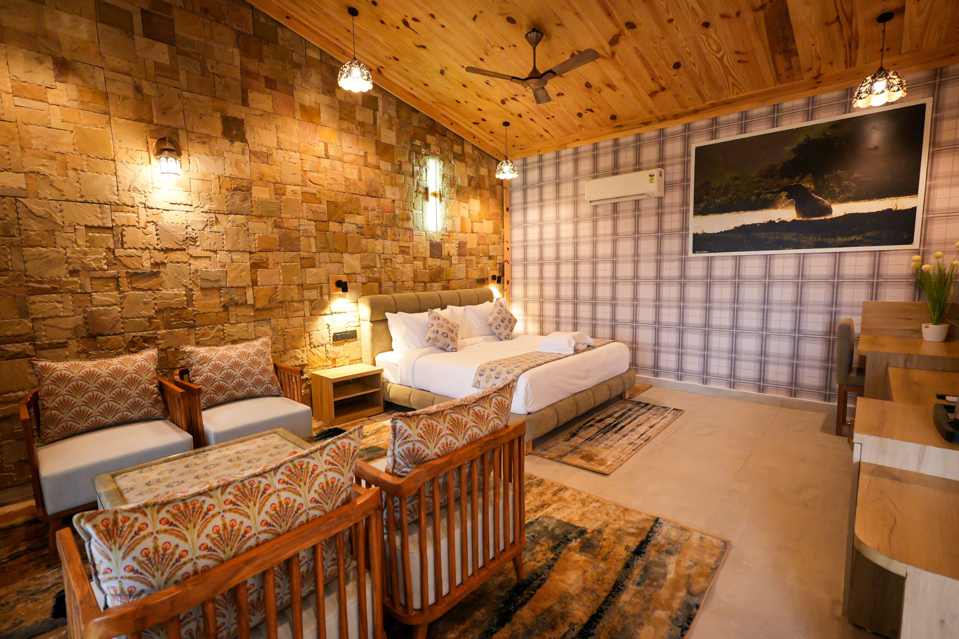 Kingfisher Suite bedroom at The Banyan Retreat, Jim Corbett
