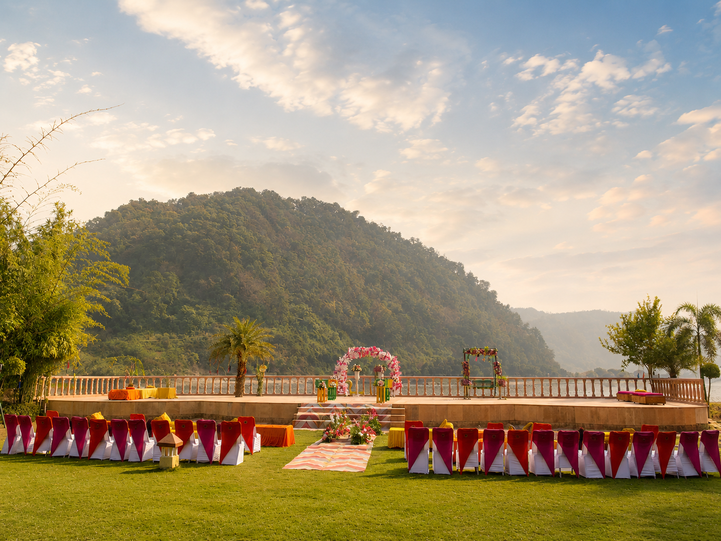 Colourful riverfront celebration setup at Mango Bloom River Resort
