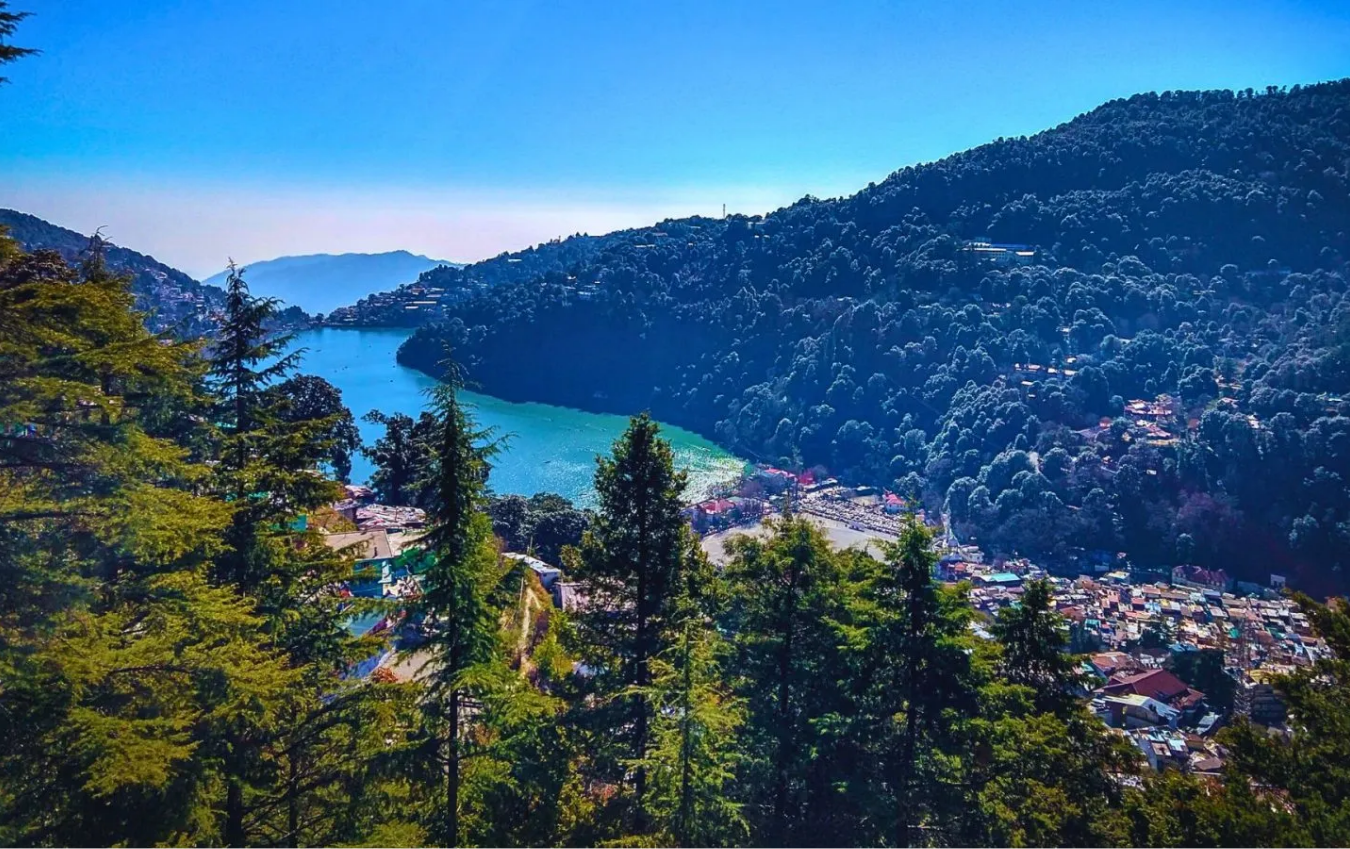 Aerial view of Naini Lake ringed by the hills of Nainital