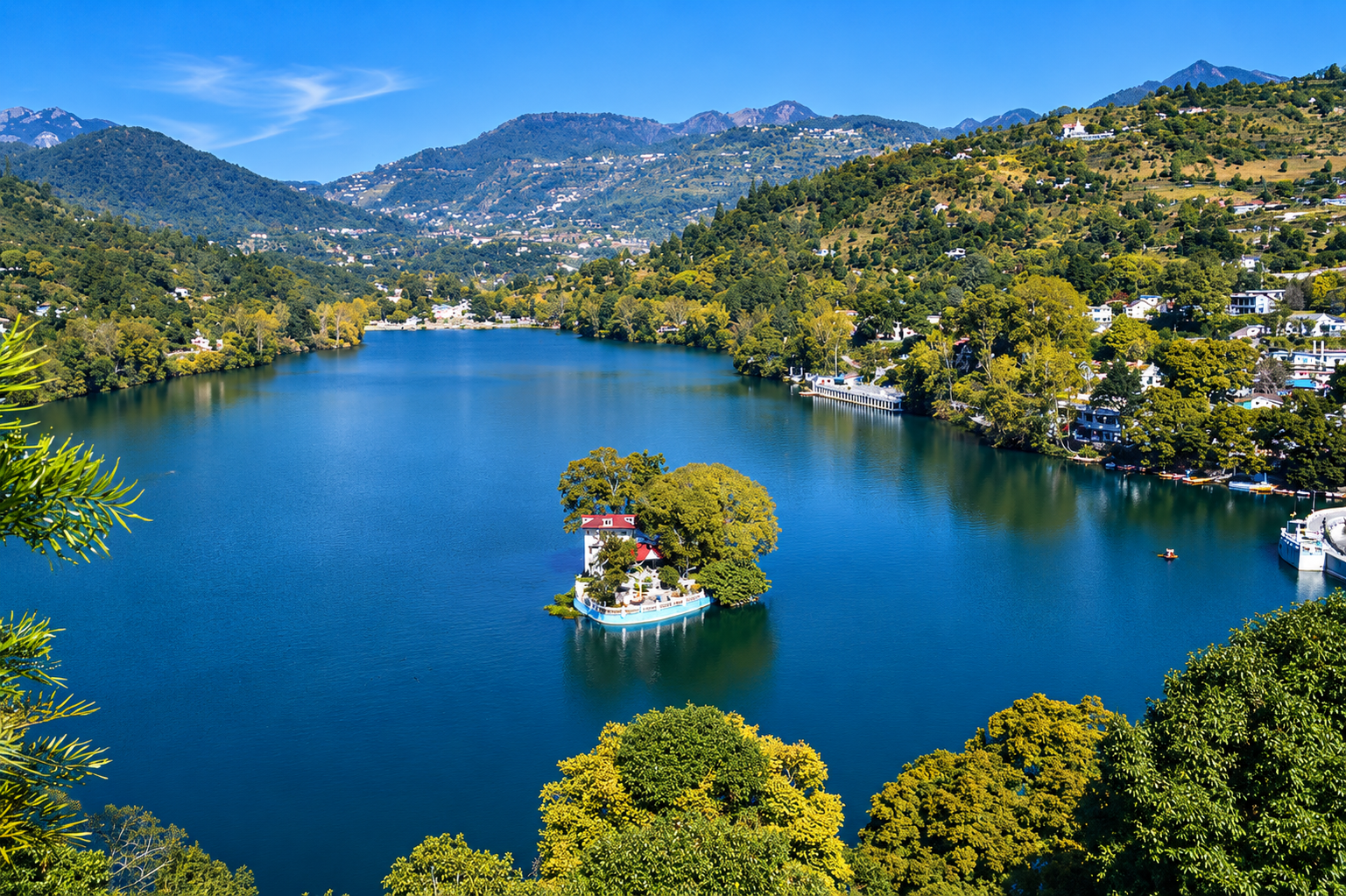 Aerial view of Bhimtal Lake and its forested Kumaon hills